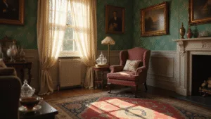 A sunlit Victorian living room with a rose-patterned wingback chair and ornate brass lamp, featuring a pastel color palette, vintage decor, and a Persian rug, captured in warm golden hour lighting.