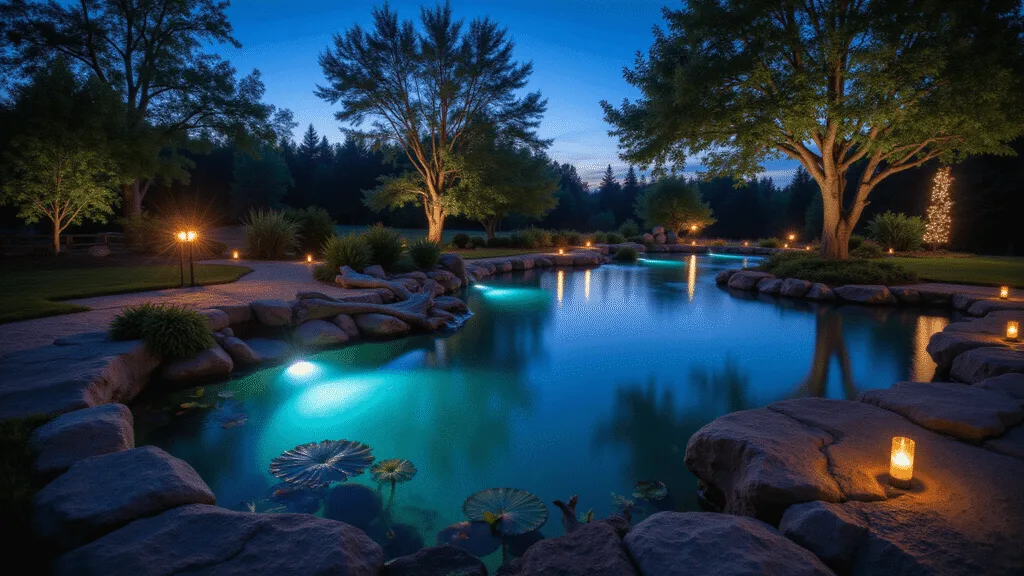 Garden Ponds at Night: Transform Your Backyard into a Magical Nighttime Oasis Cinematic nighttime photograph of a tranquil garden pond illuminated with ethereal blue-green LED lights, warm amber pathway lights, and twinkling fairy lights, featuring silhouetted Japanese maple trees and mist over the water's surface, captured in serene blue hour.