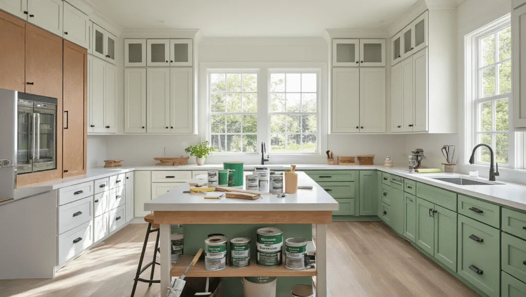 Photorealistic wide-angle view of a modern kitchen renovation in progress, showcasing cabinet doors in various transformation stages from original wood to a sage green finish, with organized painting supplies and soft morning light filtering through large windows.