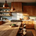 Photorealistic interior shot of a sunlit kitchen featuring knotty alder cabinets, butcher block island, and white marble countertops, accentuated by aged brass hardware and copper pendant lights.