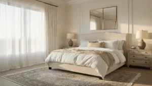 Transforming Your Main Bedroom: A Complete Design Guide A luxurious master bedroom at golden hour, featuring a king-sized cream linen bed with layered bedding, antiqued mirror nightstands, ceramic lamps, a vintage Persian rug, cream walls with a tray ceiling, and warm sunlight casting shadows.