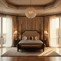 A luxurious master bedroom featuring floor-to-ceiling windows with dual-layer curtains, an elegant four-poster bed, and a crystal chandelier, bathed in warm golden hour light.