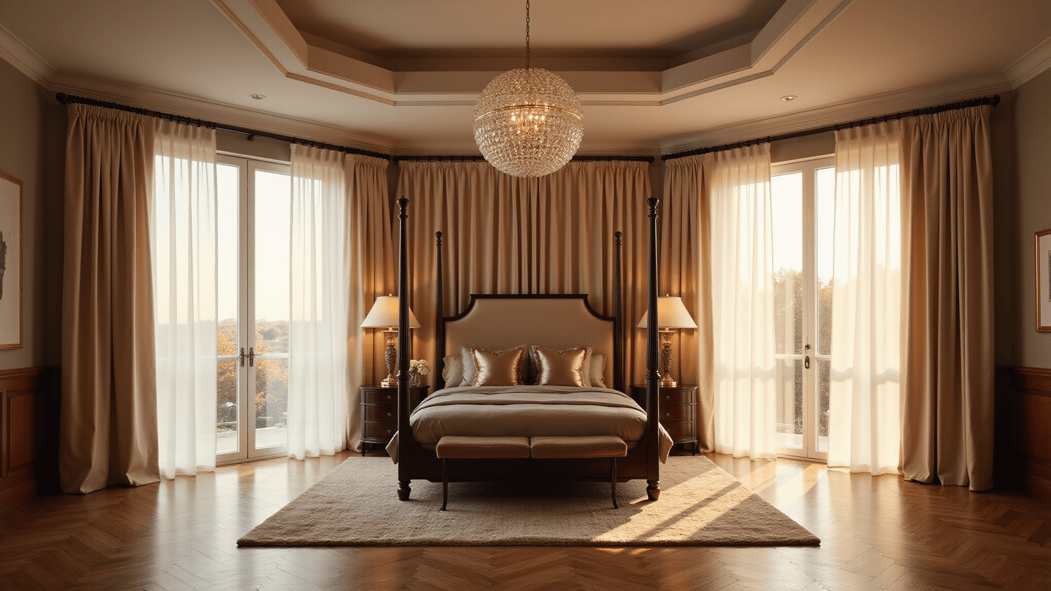 A luxurious master bedroom featuring floor-to-ceiling windows with dual-layer curtains, an elegant four-poster bed, and a crystal chandelier, bathed in warm golden hour light.