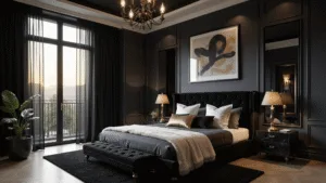 Luxurious black master bedroom featuring a king-sized platform bed, Art Deco chandelier, velvet curtains, and gold accents, illuminated by warm ambient lighting during magic hour.