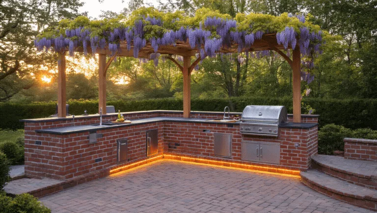 Build the Ultimate Brick BBQ Area: Your Backyard's Best Upgrade Photorealistic image of a luxurious L-shaped brick BBQ station at golden hour, featuring custom herringbone-patterned red clay bricks, polished granite countertops, and a cedar pergola draped in wisteria, with integrated LED lighting and a curved seating area with navy cushions.