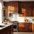 Photorealistic interior shot of a luxury kitchen with cherry wood cabinets, white quartz countertops, and stainless steel appliances, illuminated by golden-hour sunlight through large windows.