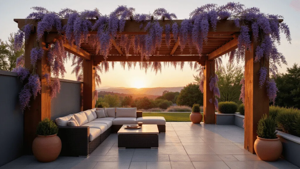 Garden Pergolas: Transform Your Outdoor Space with Style and Function A luxurious garden terrace featuring a cedar pergola adorned with purple wisteria, a modern charcoal gray sectional sofa, and Mediterranean plants, all illuminated by warm sunset light with copper string lights adding ambiance.