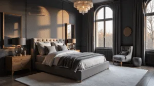 Gray Bedroom Ideas: Transform Your Space into a Stylish Sanctuary A luxurious master bedroom interior at golden hour, featuring deep charcoal gray walls, a king-size velvet headboard bed, layered silk and velvet bedding, and warm light from a crystal chandelier reflecting off an oversized ornate mirror, with flowing silk drapes and brass accents.