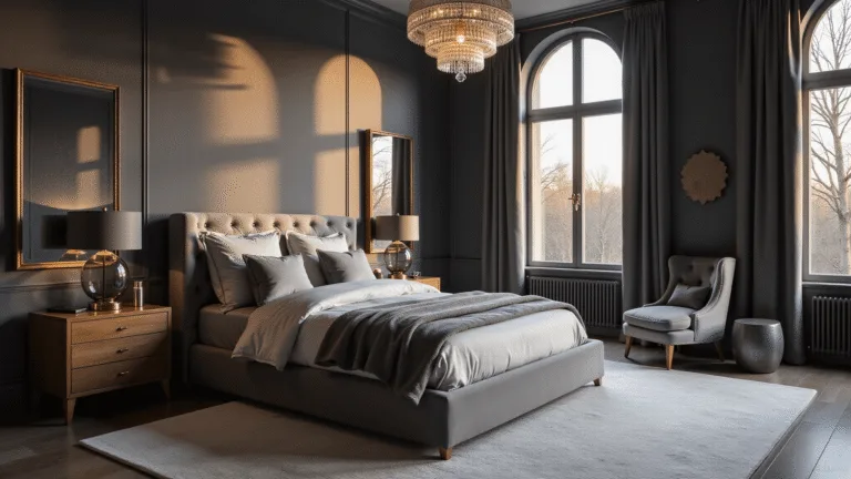 Gray Bedroom Ideas: Transform Your Space into a Stylish Sanctuary A luxurious master bedroom interior at golden hour, featuring deep charcoal gray walls, a king-size velvet headboard bed, layered silk and velvet bedding, and warm light from a crystal chandelier reflecting off an oversized ornate mirror, with flowing silk drapes and brass accents.