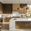 Photorealistic high-end kitchen featuring espresso-stained cabinets, a white quartz waterfall island, and brass pendant lights, illuminated by warm golden hour lighting, with stainless steel appliances and minimal decor including fresh white hydrangeas.