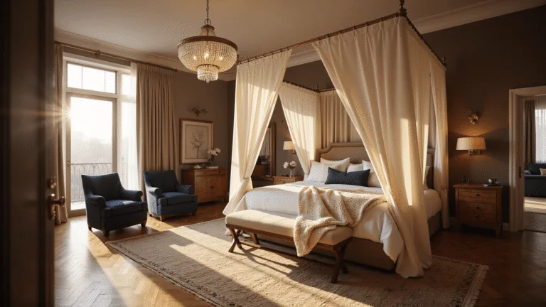 Big Bedroom Ideas: Transform Your Spacious Sanctuary An opulent master bedroom bathed in golden hour light, featuring a king-size canopy bed with ivory silk drapes, crystal chandelier casting colorful shadows, and herringbone hardwood floors adorned with an oversized Persian rug. Warm taupe grasscloth wallpaper and a cozy seating area with navy velvet chairs complete the luxurious scene.