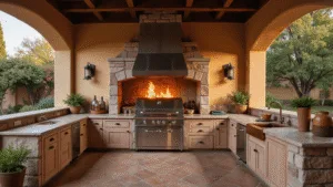Dream Outdoor Kitchen Ideas: Transform Your Backyard into a Culinary Paradise A luxurious Mediterranean outdoor kitchen featuring a stainless steel grill and wood-fired pizza oven under stone archways, adorned with terracotta tiles and a pergola draped in bougainvillea, illuminated by warm sunset light.