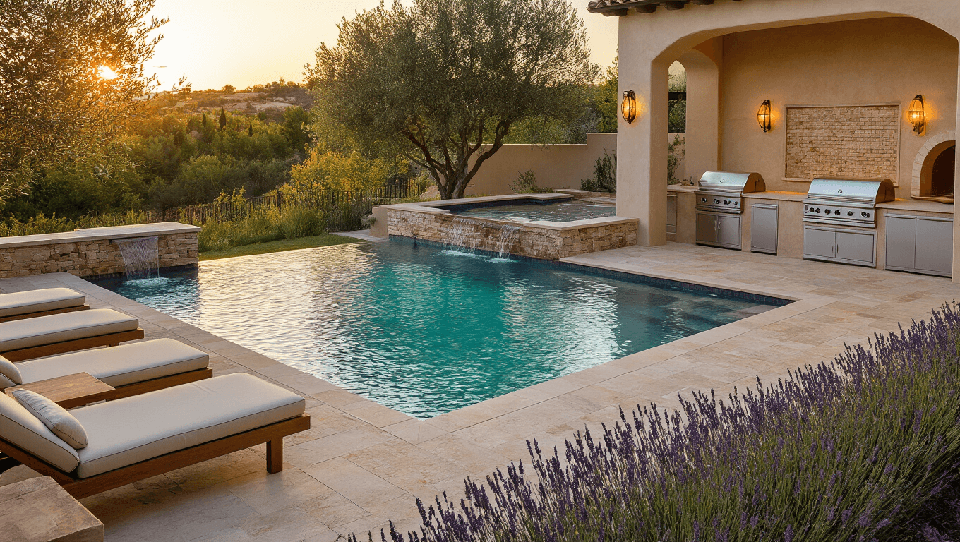 A luxurious Mediterranean outdoor kitchen and entertainment space featuring a 40ft infinity-edge pool at golden hour, with an L-shaped kitchen, cascading water feature, and ambient lighting.