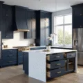 Photorealistic image of a spacious contemporary kitchen featuring deep navy blue wood cabinets, brass hardware, and pristine white quartz countertops, illuminated by natural morning sunlight through floor-to-ceiling windows, with a central island and high-end appliances, styled minimalistically.