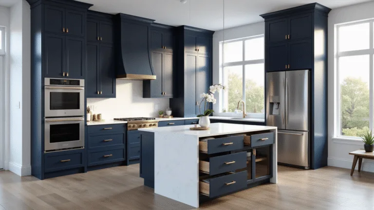Kitchen Cabinets: Your Ultimate Guide to Choosing the Perfect Storage Solution Photorealistic image of a spacious contemporary kitchen featuring deep navy blue wood cabinets, brass hardware, and pristine white quartz countertops, illuminated by natural morning sunlight through floor-to-ceiling windows, with a central island and high-end appliances, styled minimalistically.