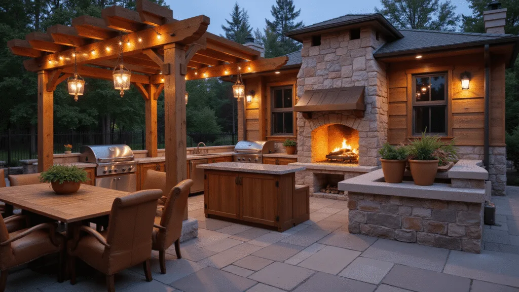 Photorealistic outdoor kitchen at twilight with a grand stone fireplace, reclaimed barn wood countertops, stainless steel grill, copper lighting, and terracotta herb planters, featuring a natural stone patio and plush seating.