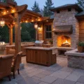 Photorealistic outdoor kitchen at twilight with a grand stone fireplace, reclaimed barn wood countertops, stainless steel grill, copper lighting, and terracotta herb planters, featuring a natural stone patio and plush seating.