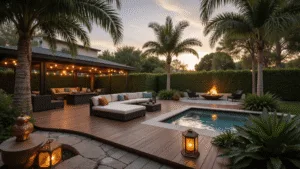 Create Your Perfect Backyard Oasis: Transform Your Outdoor Space into a Personal Paradise Photorealistic wide-angle image of a luxurious tropical backyard oasis at golden hour, featuring an IPE wood deck, lush landscaping, modern sectional furniture, warm string lights, a copper fountain, and intricate Moroccan lanterns, with vibrant plants and a fire pit area.