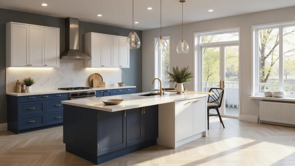 Kitchen Cabinet Color Combinations: Your Ultimate 2025 Design Guide Photorealistic modern luxury kitchen with navy blue lower cabinets, white upper cabinets, and a honed marble waterfall island, featuring natural light from floor-to-ceiling windows, brushed gold hardware, and white oak herringbone flooring, accented by crystal pendant lights in golden hour lighting.