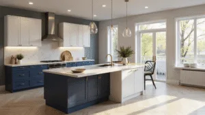 Kitchen Cabinet Color Combinations: Your Ultimate 2025 Design Guide Photorealistic modern luxury kitchen with navy blue lower cabinets, white upper cabinets, and a honed marble waterfall island, featuring natural light from floor-to-ceiling windows, brushed gold hardware, and white oak herringbone flooring, accented by crystal pendant lights in golden hour lighting.