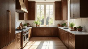 Ultimate Guide to Kitchen Wood Cabinets: Transform Your Cooking Space with Timeless Elegance Photorealistic interior of a sunlit contemporary kitchen featuring rich walnut wood cabinets, marble countertops, brass hardware, and artisanal decor, captured with soft shadows and golden hour lighting.