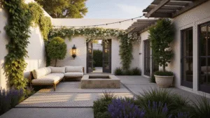 Walled Courtyard Garden: Your Ultimate Design Sanctuary Photorealistic wide-angle shot of a luxurious Mediterranean courtyard garden at golden hour, featuring whitewashed stucco walls, a sleek charcoal modular sofa, weathered copper lanterns, a central water feature, potted citrus trees, and ambient string lights, with dappled sunlight filtering through pergola slats.