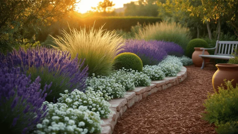 Small Garden Borders: Transform Your Tiny Outdoor Space with Style and Creativity Photorealistic garden scene at sunset featuring layered plants: tall lavender and grasses backlit by warm light, silver-green lamb's ear and boxwood in the middle, cascading white alyssum and creeping thyme in front, with natural limestone edging, terracotta pots, and a vintage bench. Dynamic shadows and textures highlighted in a warm color palette.