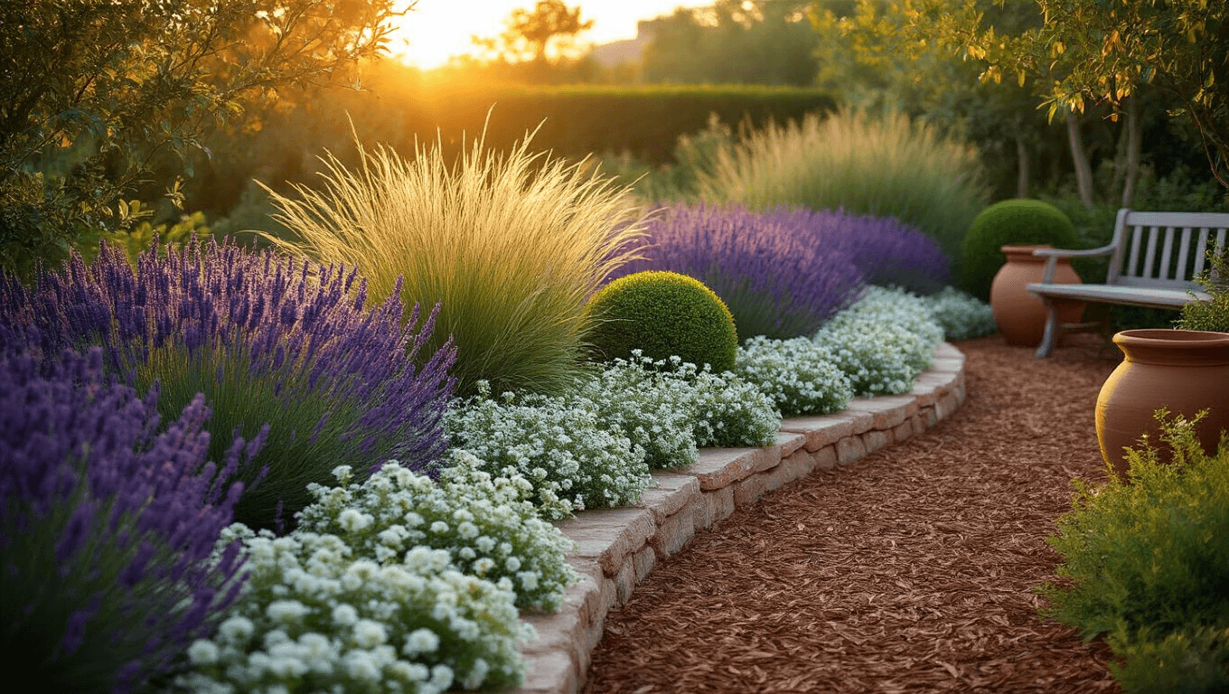Photorealistic garden scene at sunset featuring layered plants: tall lavender and grasses backlit by warm light, silver-green lamb's ear and boxwood in the middle, cascading white alyssum and creeping thyme in front, with natural limestone edging, terracotta pots, and a vintage bench. Dynamic shadows and textures highlighted in a warm color palette.