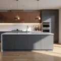 Photorealistic modern kitchen featuring matte charcoal grey aluminum cabinets, white quartz waterfall countertops, champagne-colored island, and warm oak flooring, illuminated by natural morning light through large windows, showcasing minimalist design and hyper-realistic textures.