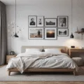 Photorealistic interior design of a modern bedroom featuring five distinct gallery wall styles, including a classic grid of monochromatic photos, a bohemian asymmetrical arrangement with vintage frames, a Scandinavian minimal design with geometric washi tape, a fairy light display with polaroids, and an industrial ledge showcasing mixed media frames. The room includes a platform bed with linen bedding, sheer curtains, and pendant lighting, all set in a contemporary yet cozy style with a color palette of whites, greys, warm neutrals, and muted accents.