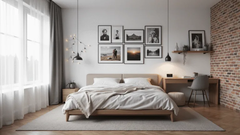 Picture Wall Ideas: Transform Your Bedroom with Personal Style Photorealistic interior design of a modern bedroom featuring five distinct gallery wall styles, including a classic grid of monochromatic photos, a bohemian asymmetrical arrangement with vintage frames, a Scandinavian minimal design with geometric washi tape, a fairy light display with polaroids, and an industrial ledge showcasing mixed media frames. The room includes a platform bed with linen bedding, sheer curtains, and pendant lighting, all set in a contemporary yet cozy style with a color palette of whites, greys, warm neutrals, and muted accents.