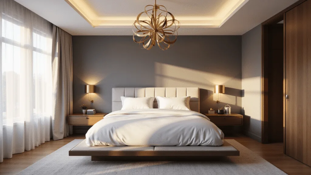 Bedroom Lighting Ideas: Transform Your Space with Perfect Illumination Photorealistic image of a serene modern bedroom at golden hour, featuring a minimalist platform bed, floating walnut nightstands with brass sconces, and a geometric brass chandelier, all elegantly illuminated with layered lighting and rich textures.