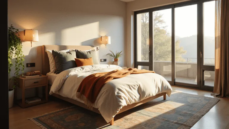 Bedroom Refresh: Transform Your Space with Easy, Affordable Updates A serene modern bedroom featuring a king-sized bed with cream linen and earthy-toned pillows, bathed in golden morning light from floor-to-ceiling windows, accented by a vintage Persian rug and warm brass sconces, with greenery adding organic elements.