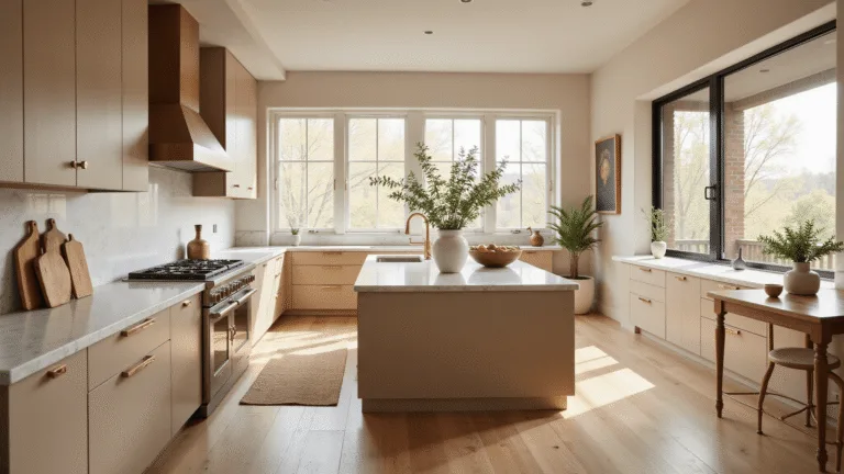 Mastering Beige Kitchen Cabinets: The Ultimate Styling and Photography Guide Spacious contemporary kitchen featuring warm beige shaker-style cabinets, brass hardware, and marble-topped island, all illuminated by golden hour natural light.