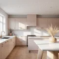 A modern Scandinavian kitchen with blush pink Shaker-style cabinets, white Carrara marble countertops, and herringbone oak floors, illuminated by morning sunlight. A center island features matte gold hardware and a vintage vase with pampas grass, showcasing a minimalist aesthetic with soft depth of field and hyper-detailed textures.