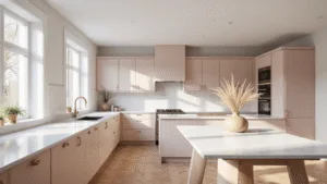 Pink Kitchen Cabinets: A Vibrant Design Revolution for Your Culinary Space A modern Scandinavian kitchen with blush pink Shaker-style cabinets, white Carrara marble countertops, and herringbone oak floors, illuminated by morning sunlight. A center island features matte gold hardware and a vintage vase with pampas grass, showcasing a minimalist aesthetic with soft depth of field and hyper-detailed textures.