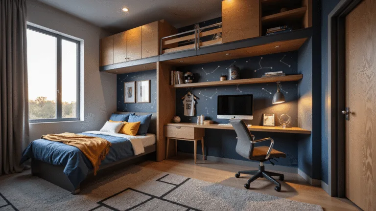 Boy Bedroom Ideas: Transforming Spaces into Epic Playgrounds of Creativity and Comfort Photorealistic image of a multifunctional boy's bedroom featuring a modern loft bed with a desk, navy accent wall with constellation decals, sports memorabilia on shelves, industrial storage, a basketball hoop, and natural lighting highlighting areas for sleep, study, and play.