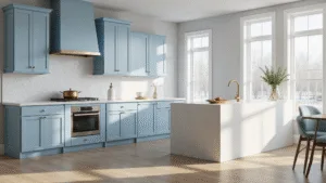 Light Blue Kitchen Cabinets: A Stunning Transformation Guide Photorealistic image of a sunlit modern kitchen with powder blue Shaker-style cabinets, a white quartz waterfall island, and wide-plank white oak flooring, featuring dramatic east-facing windows, marble hexagon backsplash, and styled with copper cookware and white ceramic vases.