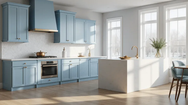 Light Blue Kitchen Cabinets: A Stunning Transformation Guide Photorealistic image of a sunlit modern kitchen with powder blue Shaker-style cabinets, a white quartz waterfall island, and wide-plank white oak flooring, featuring dramatic east-facing windows, marble hexagon backsplash, and styled with copper cookware and white ceramic vases.