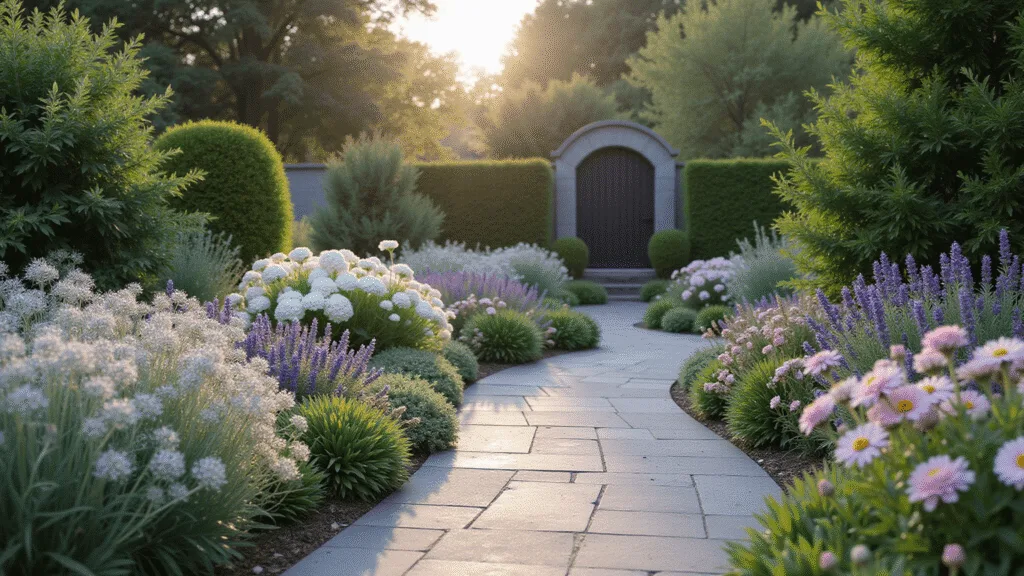A photorealistic image of a modern cottage garden at golden hour, featuring a winding slate pathway, silvery lamb's ear, white cosmos flowers, blush pink David Austin roses, purple lavender, white hydrangea, and black metal archway, with a soft pastel color palette and natural bokeh effect.