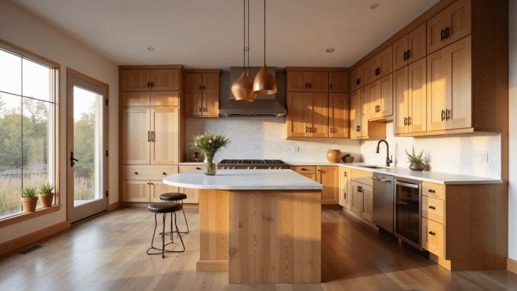 Photorealistic interior of a modern farmhouse kitchen featuring hickory cabinets, white quartz countertops, and vintage copper pendant lights, captured during golden hour with soft depth of field and dramatic shadows.