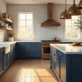 A modern farmhouse kitchen featuring deep navy blue cabinets with brushed brass hardware and white marble countertops, illuminated by warm morning sunlight through large windows, with a butcher block island, floating oak shelves displaying copper cookware, and fresh eucalyptus in white ceramic vases.