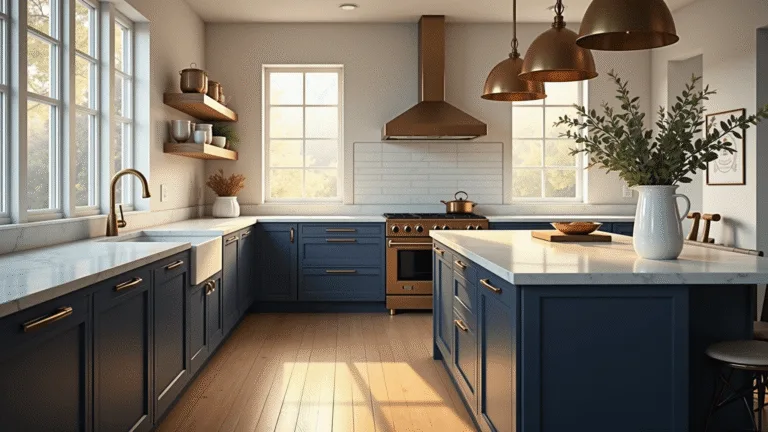 Dark Blue Kitchen Cabinets: Transform Your Space with Timeless Elegance A modern farmhouse kitchen featuring deep navy blue cabinets with brushed brass hardware and white marble countertops, illuminated by warm morning sunlight through large windows, with a butcher block island, floating oak shelves displaying copper cookware, and fresh eucalyptus in white ceramic vases.