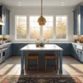 A sunlit modern farmhouse kitchen with open weathered oak shelving, white walls, and a butcher block island, styled with vintage white ceramics and copper cookware, featuring oversized windows, vaulted ceilings with wooden beams, and a warm neutral color palette.