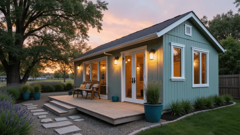 Garden Shed Colors: Transforming Your Backyard Aesthetic Ultrawide cinematic photograph of a modern garden shed in soft sage green with white trim, featuring floor-to-ceiling windows, French doors, a minimalist floating deck, and surrounded by ornamental grasses and lavender, all captured at golden hour in photorealistic detail.