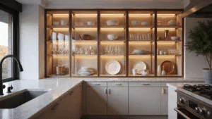 Luxury kitchen featuring floor-to-ceiling glass cabinets illuminated by golden hour light, showcasing white porcelain dinnerware, crystal stemware, and copper accents against cool marble countertops and warm oak flooring.