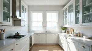 A bright, modern minimalist kitchen featuring floor-to-ceiling white cabinets with clear glass doors displaying neatly arranged white porcelain dinnerware and crystal glasses, complemented by white quartz countertops and stainless steel appliances, all bathed in morning sunlight.