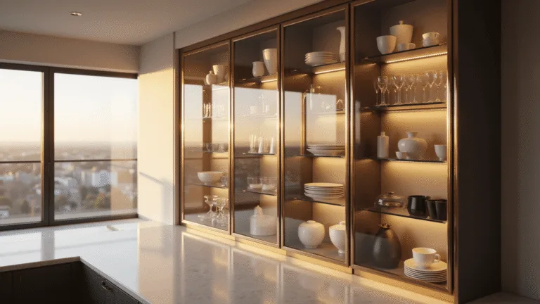 Glass Cabinets for Kitchens: Transform Your Space with Stunning Transparency A luxurious modern kitchen at golden hour featuring floor-to-ceiling glass-front cabinets with chrome frames, organized porcelain and ceramics, warm sunlight on white quartz countertops, and dramatic depth of field.