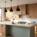 A bright contemporary kitchen featuring honey oak cabinets, a sage green island, and warm golden hour sunlight streaming through large windows, accented by black hardware and brushed brass details.