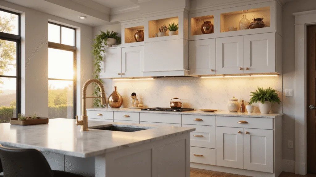 What to Do With the Space Above Kitchen Cabinets: Creative Solutions for Every Home Photorealistic image of a luxury kitchen showcasing white shaker cabinets with glass fronts, vintage copper vessels, and trailing pothos plants, illuminated by golden hour light.